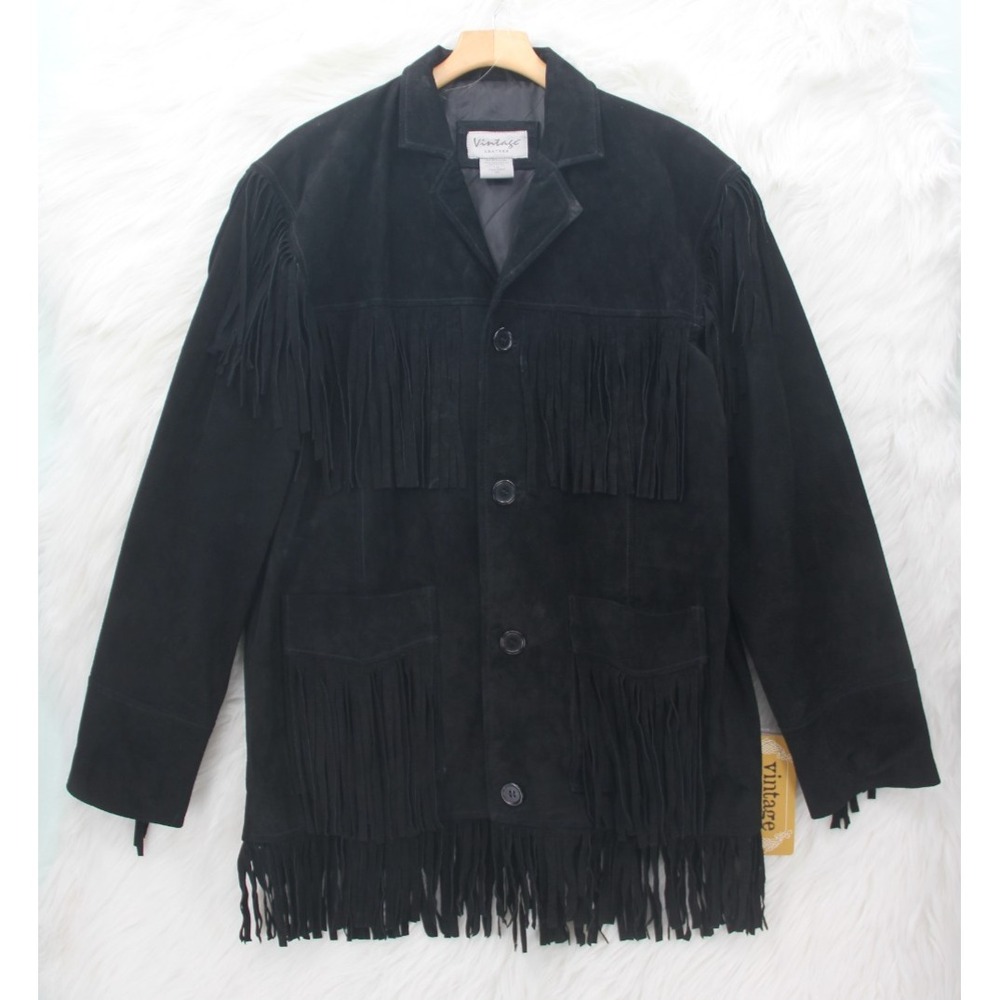 Vintage Leather Black Suede Jacket Fringe Western Cowboy Festival Boho Men's Lg